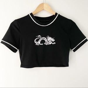 Chinese Dragon Cropped Tee Black Shirt Small